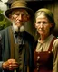 Placeholder: Color Portrait of an old Appalachian farmer couple early 1900s, beautiful painting with highly detailed face by greg rutkowski, Lee Jeffries, magali villanueve Modifiers: extremely detailed oil on canvas photorealistic New Age: American Gothic An elderly couple in vintage farm attire stand before a barn, the woman holding a basket of fruit and the man clutching a pitchfork.