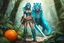 Placeholder: [humid jungle forest] thin nudist cyan female alien medieval ranger with fabric boots and corset, armed by a broad sword, she walks on the side of a giant orange tiger