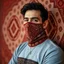 Placeholder: men ,modernism ,Full face mask. Made of carpet. With symbols of Iranian carpets and Iranian culture. Modeling photo using red colors.