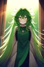 Placeholder: girl, masterpiece, best quality, cinematic lighting, detailed outfit, vibrant colors, perfect eyes, green hair, very long hair, green eyes, messy hair, looking down, nervous smile, indoors, light rays, god rays, looking down,