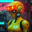 Placeholder: a feminine robot, yellow, dystopia, cyberpunk, neon vintage anime