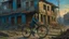 Placeholder: A vintage oil painting of a woman on a bicycle in front of a decaying building, captured in the post-apocalypse city, featuring elements of soviet city architecture, with a touch of socialist realism.