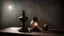 Placeholder: an old oil lamp on an old table in a dark room