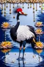 Placeholder: vibrant 3d crowned crane standing in water with pearls and small bead 4d art come to life, against impasto background