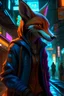 Placeholder: Anthro fox female walking wearing hood, busy streets of an endless cyberpunk city, neon signs, holographic advertisements, dark fantasy, imposing, highly detailed, surrealistic, cyberpunk 2077, dark shadows, sci-fi, arcane energy, dystopian, gritty, cyberware, vibrant, high contrast, mechanical