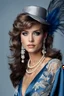 Placeholder: full body beautiful girl, elegant silver,lace clothes of the 80s, luxury style, small elegant hat with feather, hair of the 80s, pearl necklace, earrings masterful, beautiful face,blue backdrop