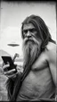 Placeholder: An old picture style of black and white mono very bad quality looks very old camera picture with cracks of a Neanderthal man with long dirty hair and beard wearing an animal skin cloths holding an IPhone the year 1900 Time Machine in the background from a distance dinosaurs and a landed ufo machine