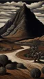 Placeholder: A dark brown prehistoric dry mountain with tar pits painted by Diego Rivera