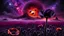 Placeholder: black poppy seed , purple poppy flower in the bloody sunset, on alien land, weird, surreal, complementer colors, fog, shadows, dead world, high detailed, far above on the dark sky is nebula, weird, surreal style, splash art