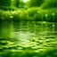 Placeholder: Abstract and geometric photography of a garden with a lake. Colors are light green and yellow. Some parts of image are very out of focus. Heavy grain texture.