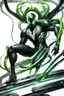 Placeholder: Cyborg symbiote, white color, green color, tendrils, high tech, cyberpunk, biopunk, membrane wings, carbon fiber, cyber tentacles, and the other two.