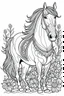 Placeholder: outline art for horse coloring pages with horse and flowers, white background, Sketch style, full body, only use outline, clean line art, white background, no shadows and clear and well outlined