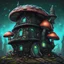 Placeholder: space island mushroom house. black lime and cyan colored. Detailed oil Painting, muted color, fantastical, intricate detail, splash screen, hyperdetailed, insane depth, concept art, 8k resolution, trending on artstation