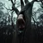 Placeholder: A dense, shadow-filled forest at twilight beneath a gloomy, overcast grey sky, the trees twisted and unnaturally shaped. Their bark slowly cracks open to reveal countless human nose peering out, blinking silently. Camera zooms in closely on a single, large nose embedded deeply into the trunk, fixating intensely on the viewer as thin veins pulse and dark fluid begins seeping gently down the bark.