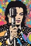 Placeholder: colorful Illustration of a michael jackson microphone in hand and looking at the camera. Polka dots in the background. by munch