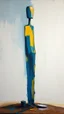 Placeholder: a tough oil brush blue and yellow abstract on rough canvas make a surreal figure of a very tall and thin sculpture, Busch painting style