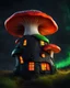 Placeholder: An asymmetrical mushroom house in the night sky. in space. Bright Bold Bright Colors, green orange black, Stark Dark background. Detailed Matte Painting, deep color, fantastical, intricate detail, splash screen, hyperdetailed, insane depth, Fantasy concept art, 8k resolution, trending on artstation, Unreal Engine 5, color depth, Deep Colors, backlit, splash art, dramatic, splash art Style. High Quality, Painterly, Whimsical, Fun, Imaginative, Bubbly, good detail, perfect composition,