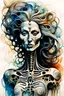 Placeholder: Picasso and Peter Gric style ink wash and watercolor, full body illustration of a biomechanical woman , highly detailed facial features, mixed to anatomical body view, visible skeleton, wildly flowing hair, 8k octane, all in focus, clean face, no grain, ethereal, otherworldly concept art in vibrant natural colors