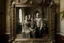 Placeholder: family photo, broken gray tones, old, as if veiled, 16 K. old photograph, family portrait, behind a painting with a painting of a palace with columns