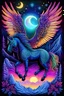 Placeholder: anatomically perfect neon pegasus with bone wings, 3D embossed textured ethereal image; midnight hues, extreme colors, neon pegasus in front of a snowy mountain backdrop; trippin', psychedelic, groovy, art nouveau; indica, sativa, leaves, crescent moon in a nebula sky, starry night, glitter, gig poster art, macabre, eldritch, bizarre, extreme neon colors, mixed media, velvet, blacklight, uv