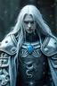 Placeholder: Scary knight in his 20s with long white hair with icy fog and silvery white eyes and pail skin wearing silver armor with a blue pendent of a silver dragon on his chest