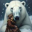 Placeholder: dark fantasy oil painting of a traditional Inuit girl snuggling against the giant face of a fantastical fluffy polar bear in a snowstorm