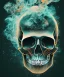 Placeholder: minimal lineart skull. watercolor and ink. black background. smoke and explode. particles in air. teal and orange