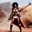 Placeholder: Nyota Uhura, ready to fight, in dust, rust and blood, her body is covered with multiple pearls and leather belts, in fur boots, she blows deep into the didgeridoo