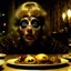 Placeholder: Spooky, ultra realistic distress, dining, ultra realistic hot woman, nose, giant eye on a table, organic hot bondes, dynamic, anguish, excited and lively scene, hypermaximalist figures, Creepy the Ring Alfred Hitchcock, Sam Raimi, insanely detailed, sinister, John Carpenter, Dario Argento, ornate