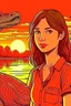 Placeholder: girl, brown hair, brown eyes, sunset, nature in the background with crocodile, handdrawn, river