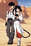 Placeholder: Meryl Stryfe Trigun young girl short black hair anime white clothes standing in the desert with a cat in her arms