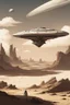 Placeholder: A small, long, sleek Spacecraft landing in a ruined alien city, clear sky, small white clouds