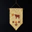 Placeholder: an autumn colored textured cloth hanging with embroidered ornamental leaves and cattle, pointed bottom, on dark background