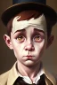 Placeholder: damaged realistic oil painting, portrait of oliver twist, boy crying, oil on face, 1800s clothes, wearing tophat, factory and oil in background, atmospheric lighting