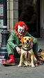 Placeholder: A sad homeless clown sitting with his dog in the street