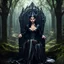 Placeholder: Morena Baccarin as a beautiful sexy dark elf queen seated elegantly on a throne in a mystical forest, dark celtic vignette frame, photo-realistic, cinematic lighting, award-winning photography