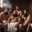 Placeholder: close up photography of a group of turkish and marocan 33 years old ugly chubby muscular men embraced, manly chest, covered with the towel at the hip, long beard, shaved hair, photorealistic, manly legs, manly arms, sitting in a steamy sauna, clouds of steam, side light