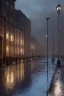 Placeholder: London street at night, wet ground, pole with round light