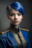 Placeholder: jeune femme 18 ans, petite, cheveux bleu dans une tenue militaire d'impératrice de style impérial