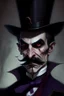 Placeholder: Strahd von Zarovich with a handlebar mustache wearing a top hat with a sinister sneer