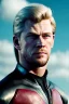 Placeholder: retro portrait image from 1960, sky background, wind, extra long blonde hair, fighting stance, young Chris Hemsworth, clean shave face, black dress, classic long tight lycra black suit, red cap, platinum lycra with scales on the arms, gold bracelet and belt, high boots, soft color, highly detailed, unreal engine 5, ray tracing, RTX, lumen lighting, ultra detail, volumetric lighting, 3d, finely drawn, high definition, high resolution.