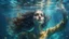 Placeholder: woman underwater, beautiful eyes, dancing underwater, scales, double exposure, glare, sparkles, clear lines, detail, fine rendering, high resolution, 64K, photorealism, precise focus, digital painting,