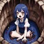 Placeholder: Anime girl with big eyes, darkblue and sepia tones, fullbody, slime, the perspective looking up from the bottom of an empty well, rolling eyes, tongue out, blood drip, open mouth,