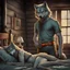 Placeholder: digital art from an gray hairy anthropomorphic wolf male standing by a wooden bed in t-shirt and pant and he ties an orange belt around his waist, back to the camera an anthropomorphic wolf femle just in gray body hair lies down in bed , detailed, in blur background massive wooden room, anthro sci-fi, fantasy mood, digital art