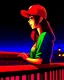 Placeholder: woman with a red baseball hat. leaning on a wooden balcony. night time. fantasy. anime.