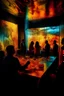 Placeholder: Party by robert lewis in 2012, glass walls, studio set, light reflection, in the style of cross-processing/processed, in polychrome glass, fujifilm x-t4, vibrant stage backdrops, 8k, vibrant murals, light amber, color negative.