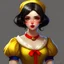 Placeholder: Snow White is depicted as a kind and gentle princess with a sweet demeanor. She has a pale complexion, rosy cheeks, and large, expressive eyes. Snow White's hair is jet black and styled in a bob cut with a red ribbon headband. Her outfit consists of a high-collared, puff-sleeved yellow dress with a blue bodice adorned with red and yellow puffed sleeves. The dress is cinched at the waist with a red ribbon, and she wears yellow shoes with a bow.