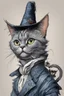 Placeholder: create a wild caricature of an aged, ornately dressed , sorceress Russian Blue cat, highly detailed with refined feline features in the cartoon caricature style of Gerald Scarfe and Ralph Steadman precisely drawn, boldly inked, vividly colored, 4k