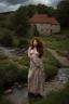 Placeholder: fullbody shot of a very beautiful lady curvy hair, in the country side with a narrow river with clean water and nice rocks on floor. The trees and wild flowers pretty country houses ,nice cloudy sky.