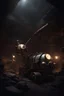 Placeholder: Pokémon in a coal mine, steampunk style, low angle, low and subdued light dark atmosphere